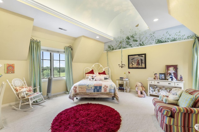 carpeted bedroom featuring lofted ceiling