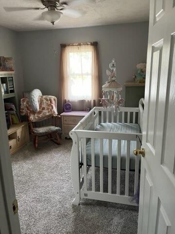 bedroom featuring ceiling fan, a nursery area, and carpet