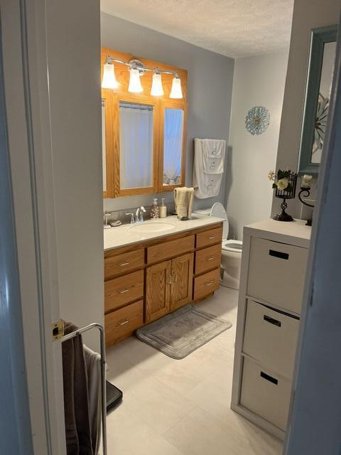 bathroom featuring toilet, vanity, and a textured ceiling