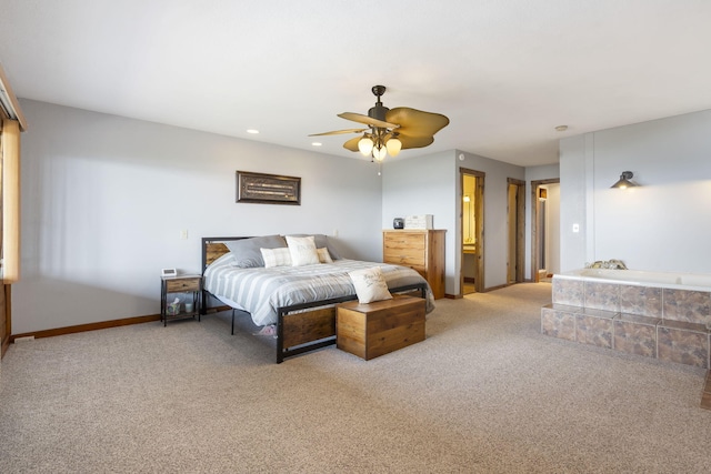 bedroom with ceiling fan and light colored carpet