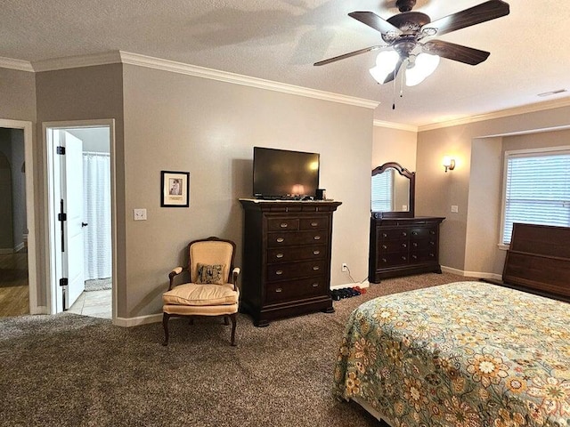 bedroom with ceiling fan, light colored carpet, a textured ceiling, and crown molding