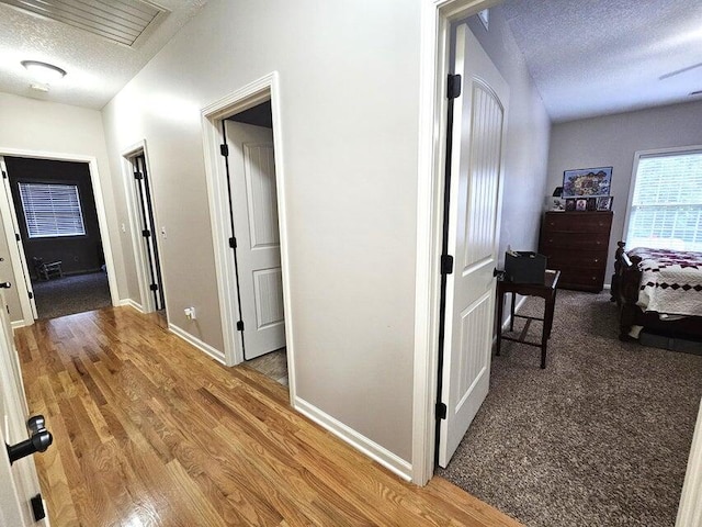 corridor featuring wood-type flooring and a textured ceiling