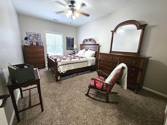 bedroom with ceiling fan and carpet flooring