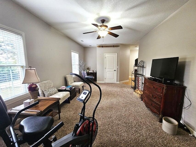 interior space with a textured ceiling, a wealth of natural light, and ceiling fan