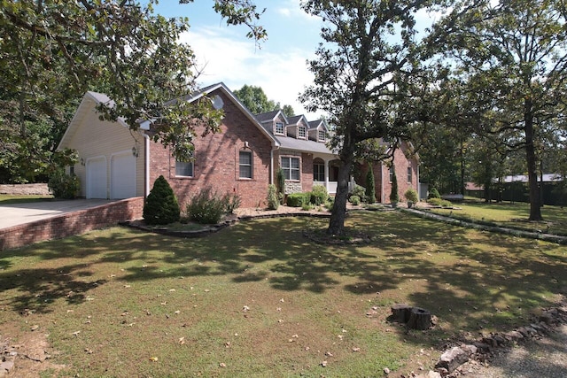 exterior space featuring a garage and a lawn