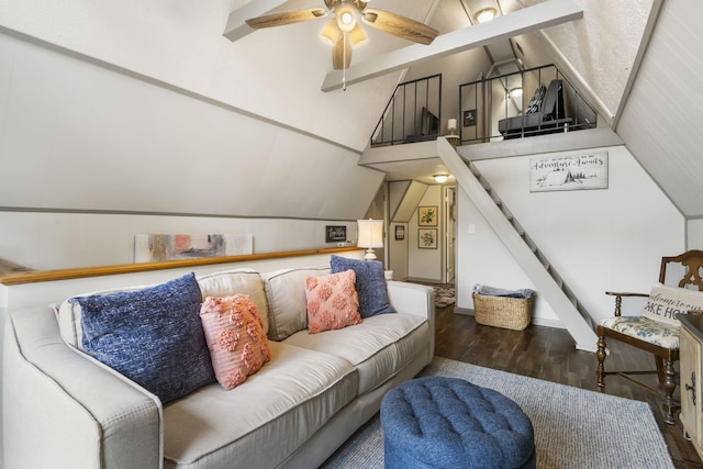 living room featuring ceiling fan, lofted ceiling with beams, and dark hardwood / wood-style floors