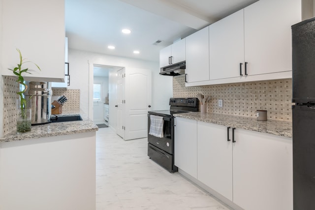 kitchen featuring backsplash, white cabinetry, black appliances, and light stone counters