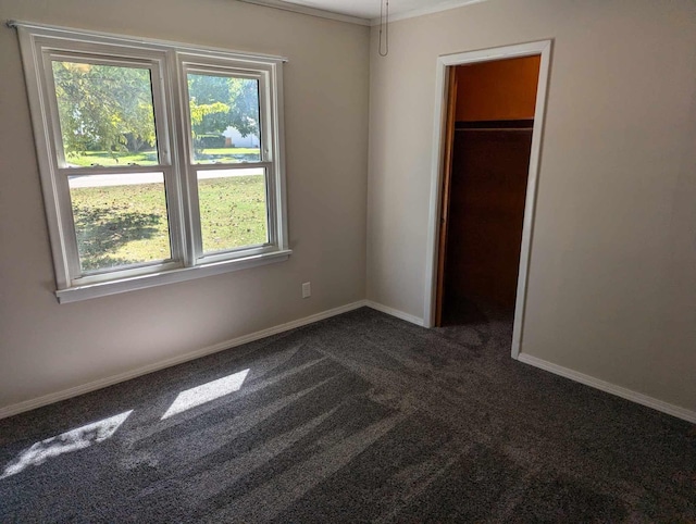 unfurnished bedroom with a spacious closet, a closet, and dark carpet