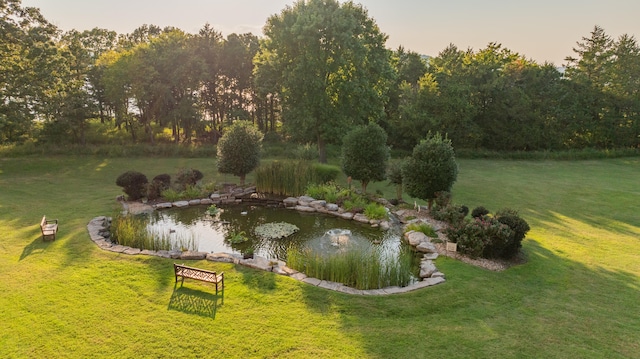 aerial view at dusk with a garden pond