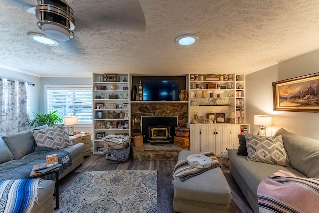 living room featuring ornamental molding, hardwood / wood-style flooring, and a textured ceiling