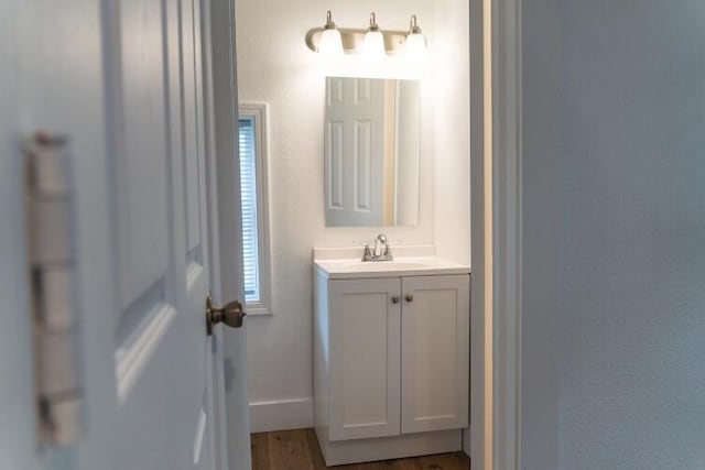 bathroom with wood-type flooring and vanity