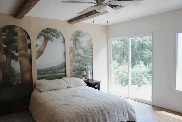 280 Forest View Dr, Seymour, MO 65746 - bedroom with beamed ceiling, wood finished floors, ceiling fan, and access to outside