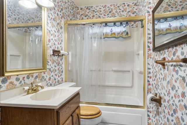 full bathroom with toilet, vanity, and shower / bath combination with curtain