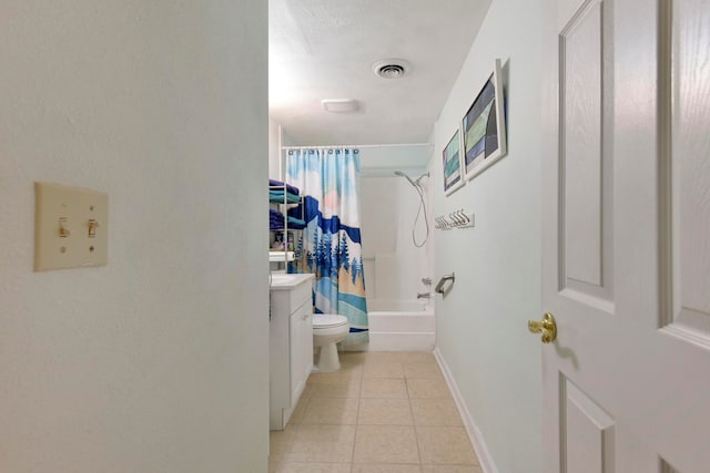 full bathroom featuring toilet, shower / bathtub combination with curtain, vanity, and tile patterned flooring