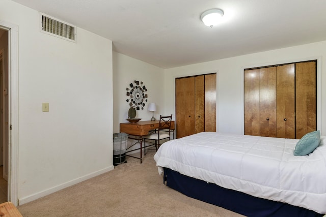 carpeted bedroom with two closets