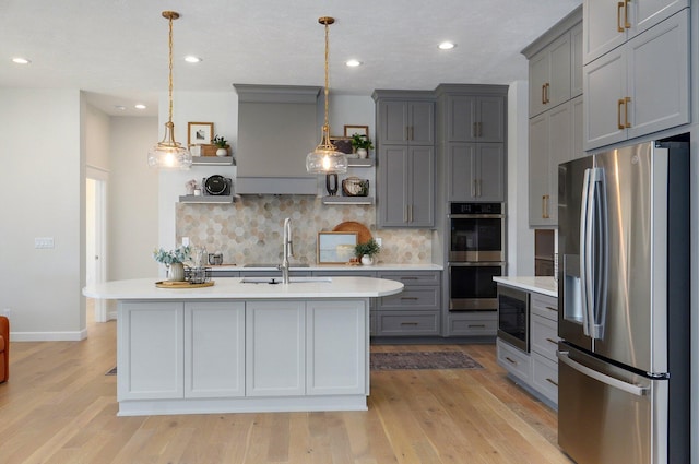 3940 E Ridgeview St, Springfield, MO 65809 - kitchen featuring appliances with stainless steel finishes, gray cabinets, open shelves, light countertops, and decorative backsplash