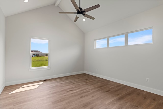 unfurnished room with high vaulted ceiling, beam ceiling, hardwood / wood-style flooring, and ceiling fan