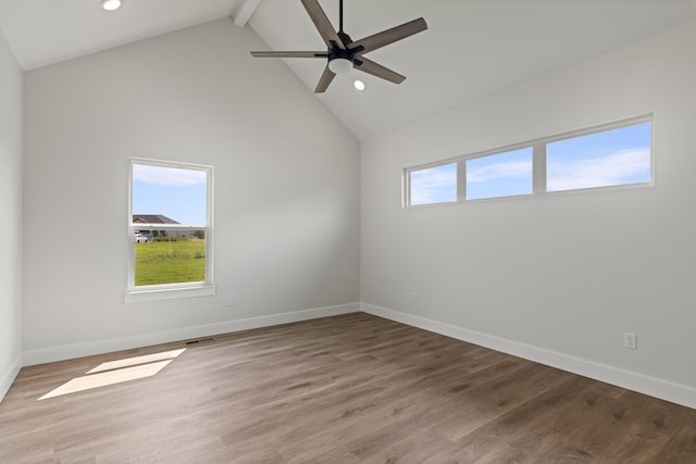 spare room with beam ceiling, baseboards, recessed lighting, a ceiling fan, and wood finished floors
