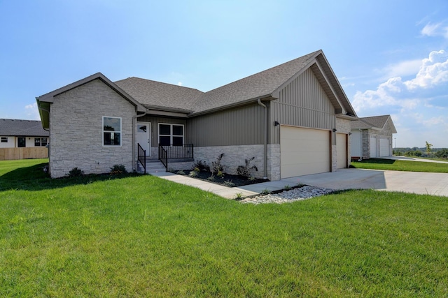 single story home with a front lawn, driveway, stone siding, roof with shingles, and a garage