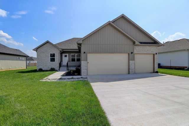 single story home with a front lawn, driveway, stone siding, a garage, and board and batten siding