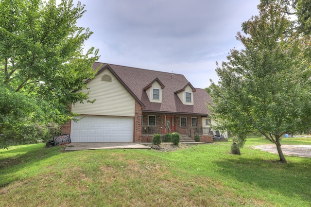 cape cod home with a front lawn, a porch, and a garage