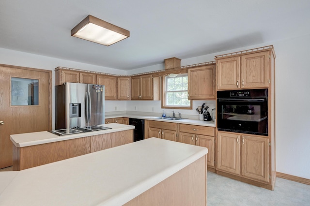 kitchen with light colored carpet, a kitchen island, sink, and black appliances