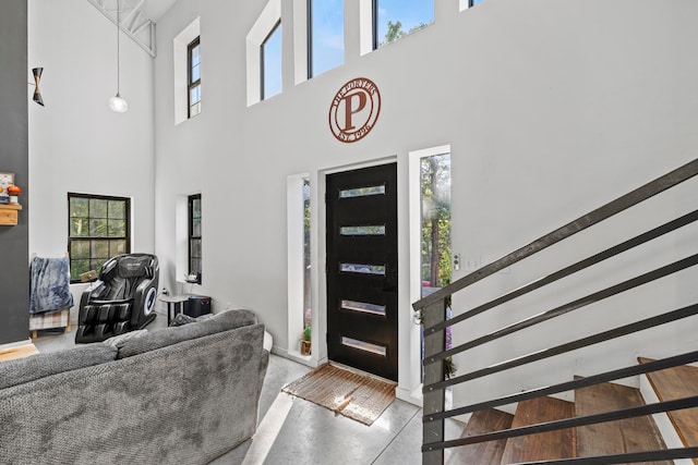 foyer with a wealth of natural light and a towering ceiling