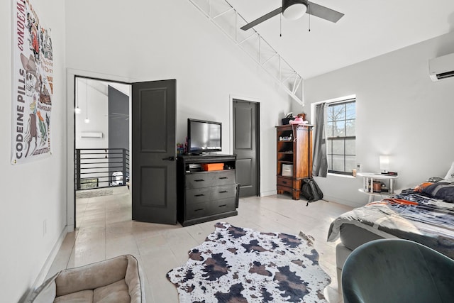 bedroom featuring an AC wall unit, high vaulted ceiling, and ceiling fan