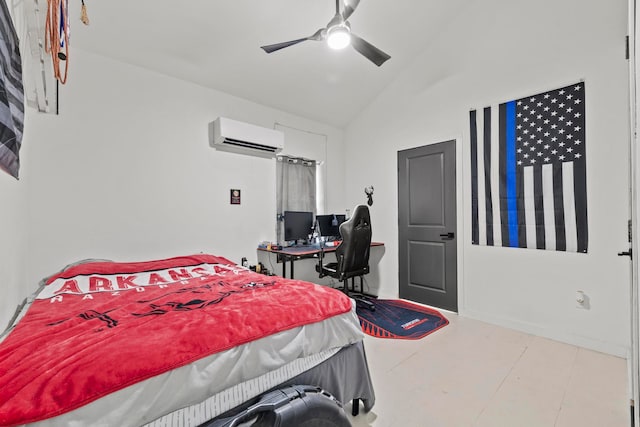 bedroom with lofted ceiling, a wall unit AC, and ceiling fan