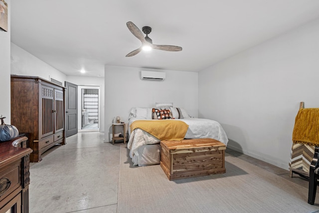 bedroom with ceiling fan and a wall mounted air conditioner