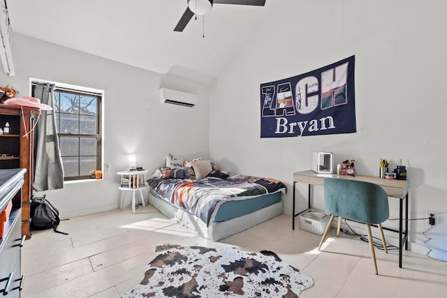 bedroom with ceiling fan, vaulted ceiling, and a wall mounted AC