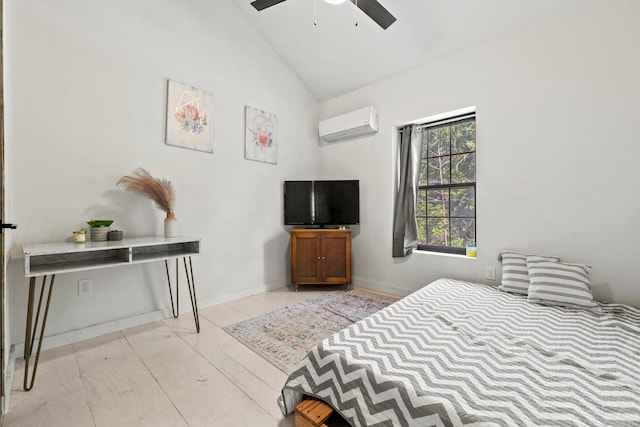 bedroom featuring ceiling fan, light hardwood / wood-style floors, high vaulted ceiling, and a wall unit AC