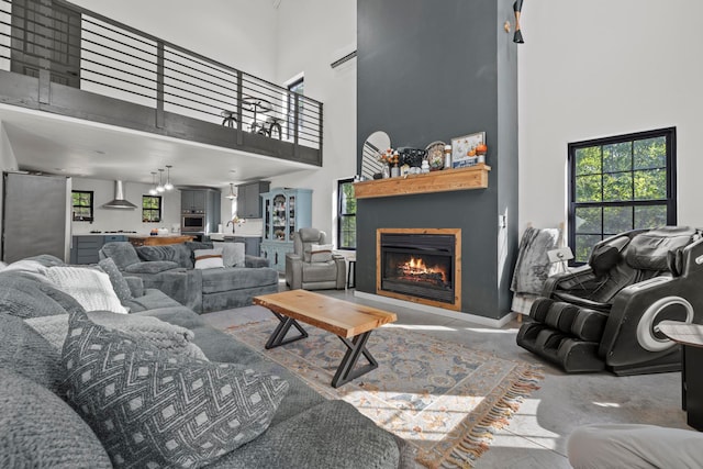 living room featuring a high ceiling