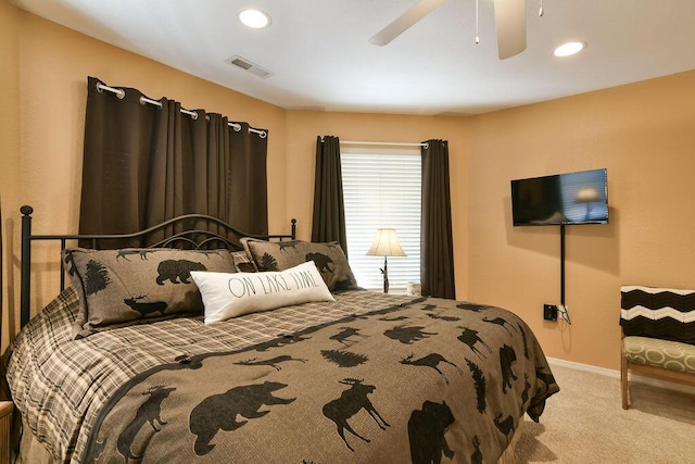 1007 Rocky Shore Ter, Kimberling City, MO 65686 - bedroom featuring baseboards, visible vents, recessed lighting, ceiling fan, and carpet floors