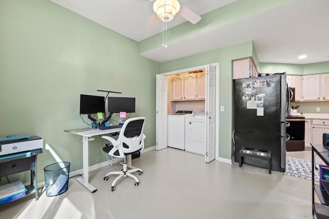 office with washing machine and dryer and ceiling fan