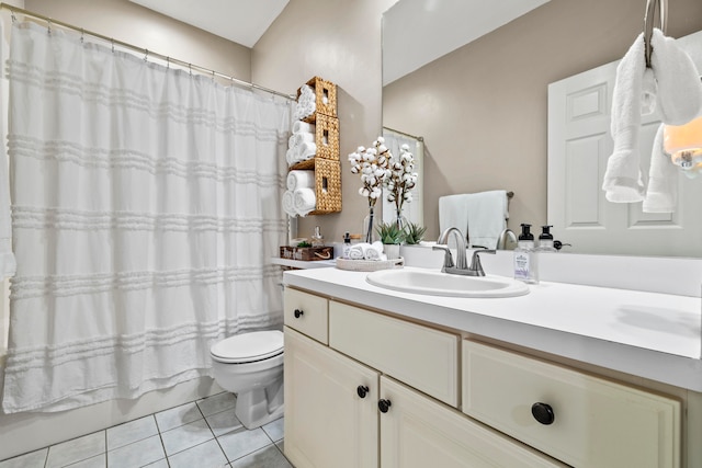 full bathroom with vanity, shower / bathtub combination with curtain, tile patterned flooring, and toilet