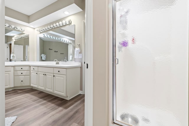 bathroom with hardwood / wood-style flooring, vanity, and a shower with shower door