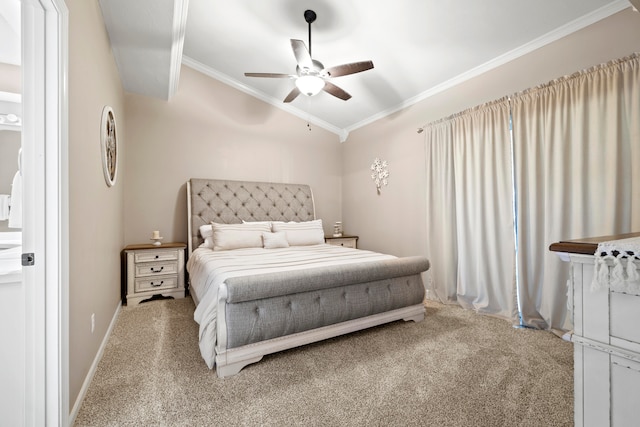 carpeted bedroom with crown molding and ceiling fan