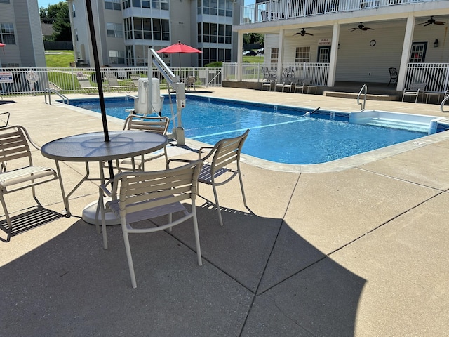 200 Meadow Ridge Ln Unit 6-2, Branson, MO 65616 - pool featuring a patio, ceiling fan, and fence