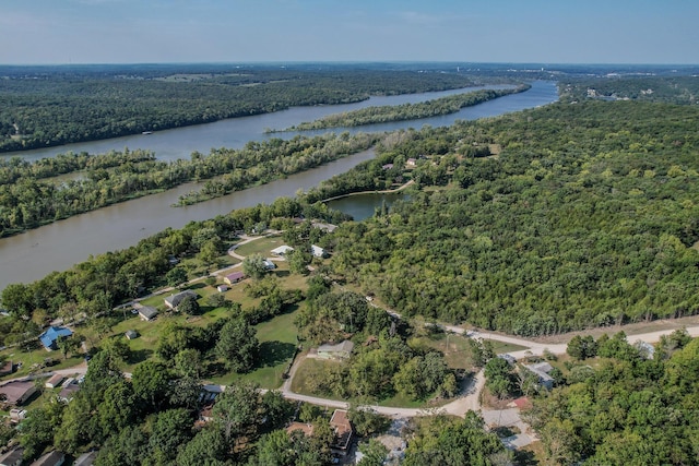 28409 Bali Rd, Warsaw, MO 65355 - birds eye view of property featuring a wooded view and a water view