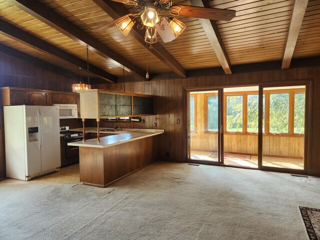 28409 Bali Rd, Warsaw, MO 65355 - kitchen with wood walls, white appliances, light carpet, and a peninsula