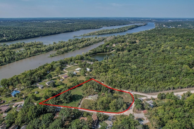 28409 Bali Rd, Warsaw, MO 65355 - birds eye view of property with a water view and a forest view