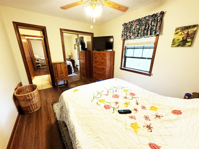 bedroom with ceiling fan, a closet, and dark hardwood / wood-style floors