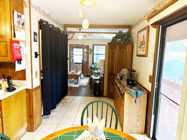 kitchen with light hardwood / wood-style floors and ceiling fan