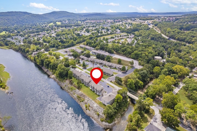 bird's eye view featuring a water and mountain view