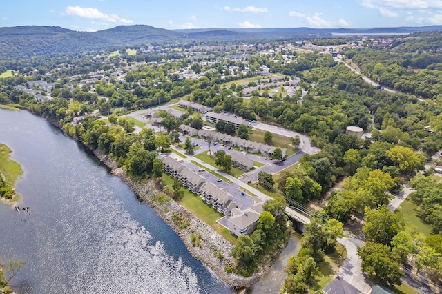 bird's eye view featuring a water and mountain view