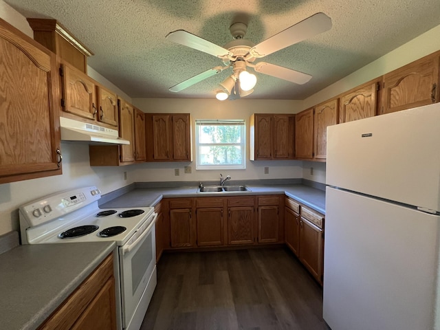 328 E 4th St, Willow Springs, MO 65793 - kitchen featuring under cabinet range hood, a sink, dark wood-type flooring, white appliances, and a textured ceiling