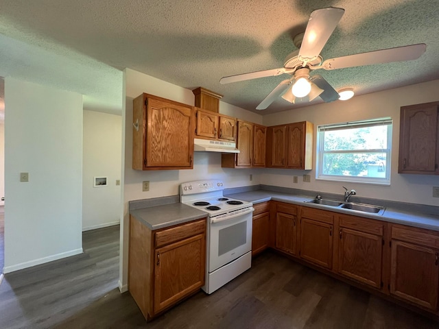 kitchen featuring ceiling fan, sink, dark hardwood / wood-style floors, white electric range oven, and a textured ceiling