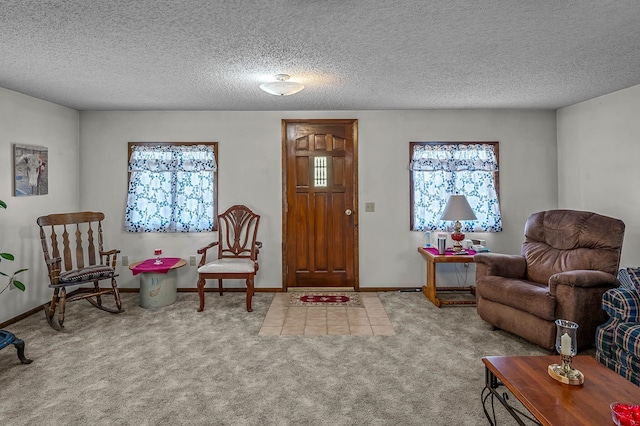 sitting room featuring carpet flooring and a textured ceiling