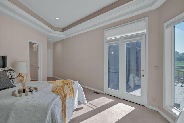 bedroom featuring access to outside, a tray ceiling, and light colored carpet